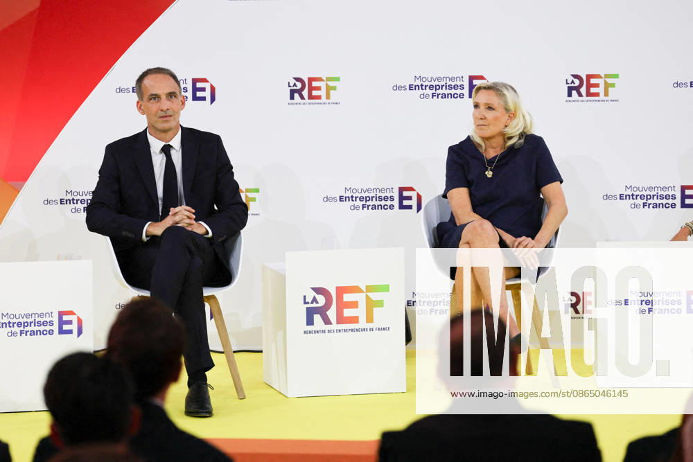 REF Medef - Presidential Debate French centre-left party Place publique s leader Raphael Glucksmann and President of the Rassemblement National party Marine Le Pen at the presidential debate during the La REF 2026 meeting of French entrepreneurs, organised by the MEDEF, France s main employers federation, at the Roland-Garros venue in Paris, France on August 27, 2026. Photo by Raphael Lafargue ABACAPRESS.COM Paris France