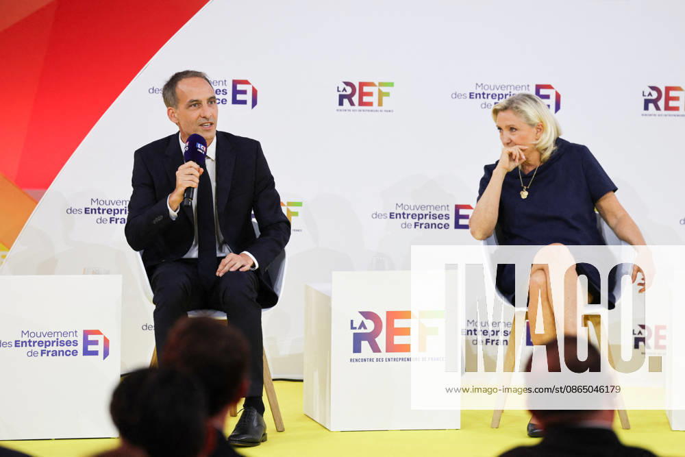 REF Medef - Presidential Debate French centre-left party Place publique s leader Raphael Glucksmann and President of the Rassemblement National party Marine Le Pen at the presidential debate during the La REF 2026 meeting of French entrepreneurs, organised by the MEDEF, France s main employers federation, at the Roland-Garros venue in Paris, France on August 27, 2026. Photo by Raphael Lafargue ABACAPRESS.COM Paris France