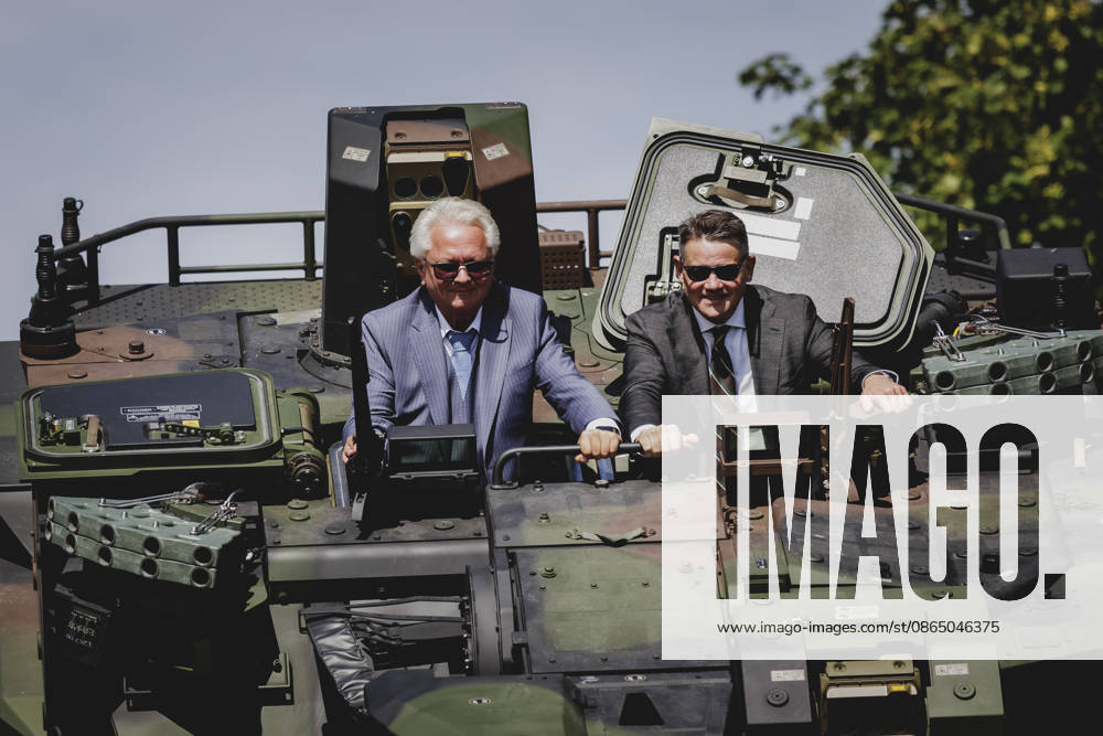 L R Armin Papperger, CEO of Rheinmetall, and Boris Rhein, Minister President of Hesse, photographed while riding in a Boxer during a tour of the Rheinmetall plant in Kassel, August 27, 2026, Kassel, Germany