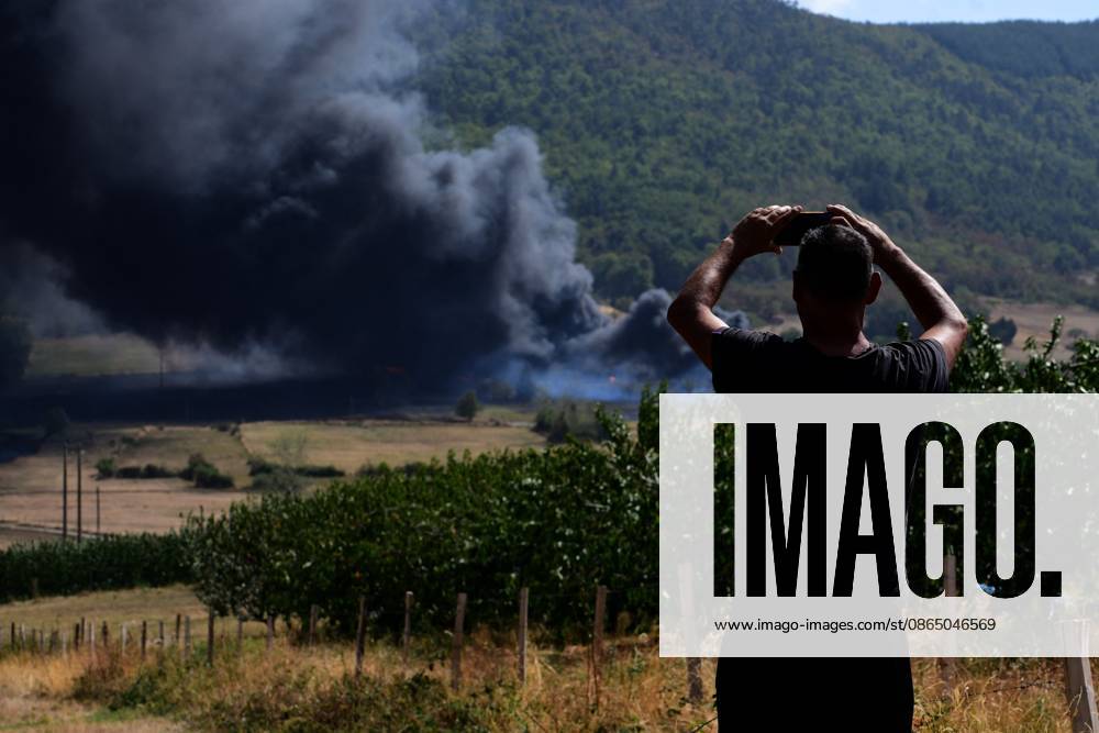 A major fire broke out in the commune of Brossainc in the Ardèche department, within the Pilat Regional Natural Park. The fire started at a car scrapyard near a residential area, causing numerous vehicle explosions. Several hectares of vegetation were also burned. Photo taken on Thursday, August 27, 2026, by Romain Doucelin, Bestimage, Brossainc, France