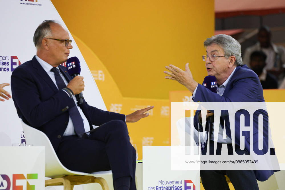 REF Medef - Presidential Debate French right-wing party Horizons founder and president, Mayor of Le Havre Edouard Philippe and Leader of the La France Insoumise party Jean-Luc Melenchon at the presidential debate during the La REF 2026 meeting of French entrepreneurs, organised by the MEDEF, France s main employers federation, at the Roland-Garros venue in Paris, France on August 27, 2026. Photo by Raphael Lafargue ABACAPRESS.COM Paris France