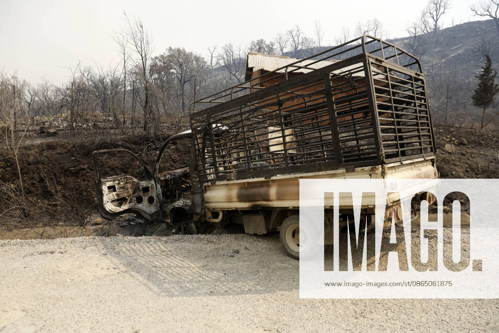 Fires in Jijel and Bedjaia: A general view of the burned houses, cars, and animals in the village of Nador, in the Jijel Mountains east of Algiers, in Algeria on August 27, 2026. The Algerian Ministry of the Interior announced that at least 12 people have died and 54 others have been injured in multiple forest fires across the country. Photo by Billel Bensalem, APP, Jijel, Algeria