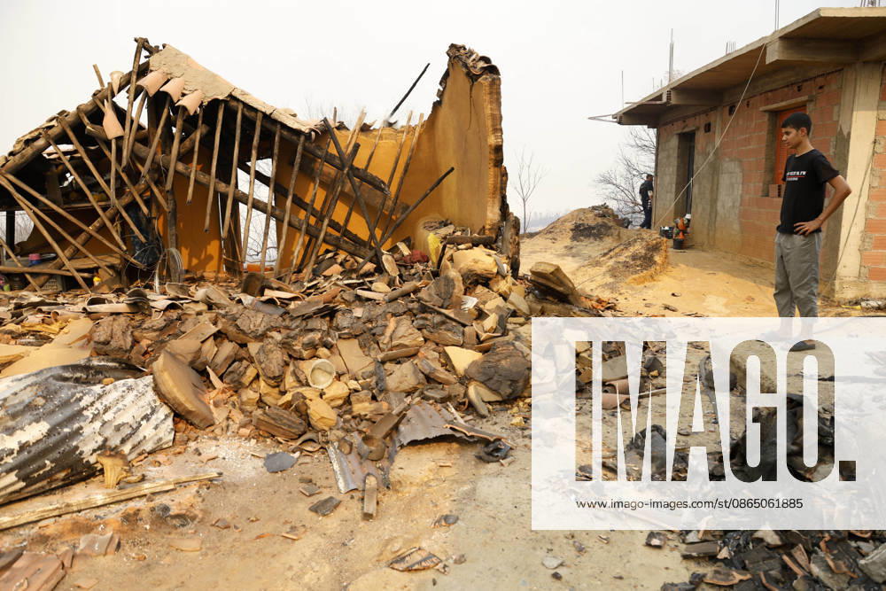 Fires in Jijel and Bedjaia: A general view of the burned houses, cars, and animals in the village of Nador, in the Jijel Mountains east of Algiers, in Algeria on August 27, 2026. The Algerian Ministry of the Interior announced that at least 12 people have died and 54 others have been injured in multiple forest fires across the country. Photo by Billel Bensalem, APP, Jijel, Algeria
