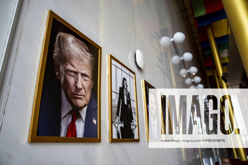 A portrait of President Donald Trump, First Lady Melania Trump and Vice President JD Vance is seen inside the Hall of Nations inside the John F. Kennedy Center for Performing Arts in Washington, DC on Thursday, August 27. 2026. In a court ruling filed earlier this week, the Trump Administration said they may demolish the center if proposed renovation plans are blocked. WAP20260827311 BONNIExCASH