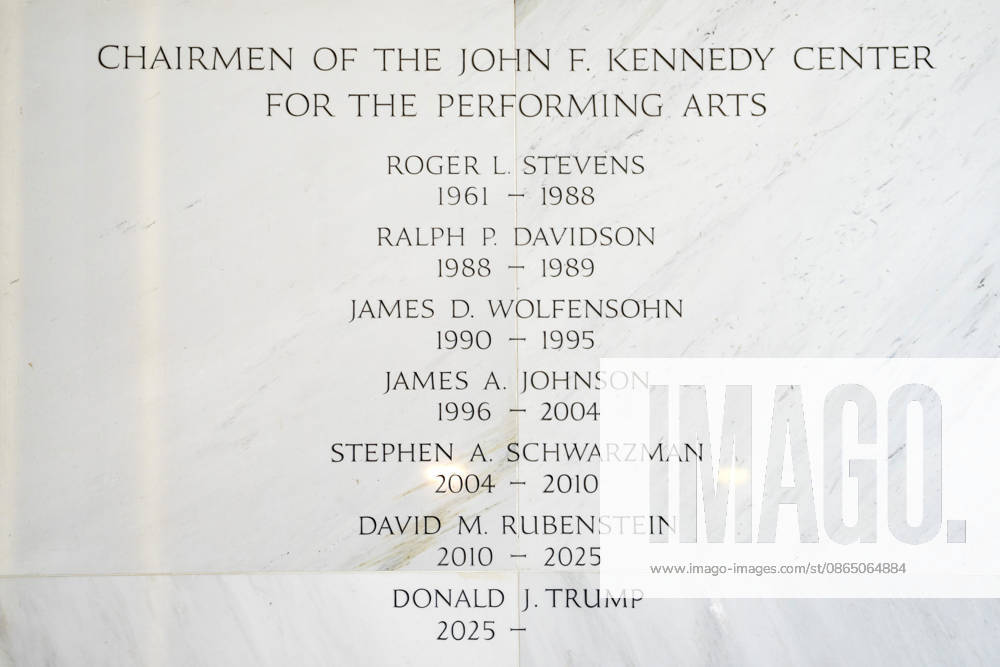 A list of former Chairmen of the John F. Kennedy Center for Performing Arts is seen inside The Hall of States in The John F. Kennedy Center for Performing Arts in Washington, DC on Thursday, August 27. 2026. In a court ruling filed earlier this week, the Trump Administration said they may demolish the center if proposed renovation plans are blocked. WAP20260827317 BONNIExCASH