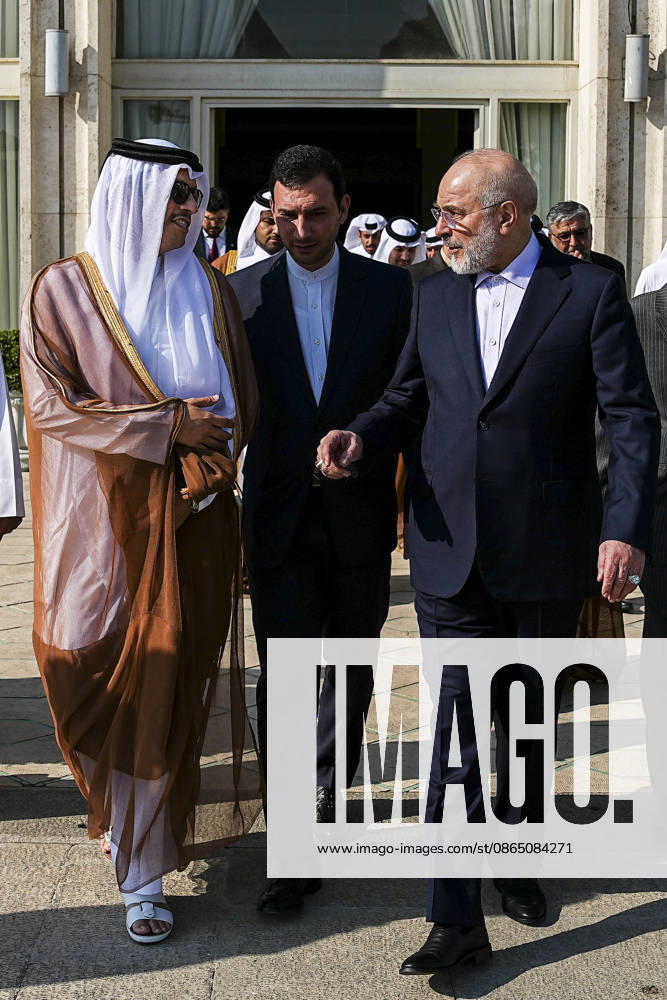 Qatar and Iran Discuss Diplomacy Qatars Prime Minister and Foreign Minister Sheikh Mohammed bin Abdulrahman bin Jassim Al Thani walks with Iranian Parliament Speaker Mohammad Bagher Ghalibaf and other officials outside a government building in Tehran, Iran, on August 27, 2026. The two officials discussed regional developments, efforts to reduce tensions, and ways to create conditions for the resumption of diplomatic dialogue, with the Qatari prime minister stressing that diplomacy remained the best means of resolving disputes and preventing further escalation. Tehran Tehran Iran
