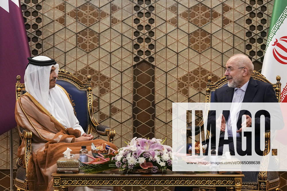 Qatar and Iran Discuss Diplomacy Iranian Parliament Speaker Mohammad Bagher Ghalibaf gestures while speaking with Qatars Prime Minister and Foreign Minister Sheikh Mohammed bin Abdulrahman bin Jassim Al Thani during their meeting in Tehran, Iran, on August 27, 2026. The two officials discussed regional developments, efforts to reduce tensions, and ways to create conditions for the resumption of diplomatic dialogue, with the Qatari prime minister stressing that diplomacy remained the best means of resolving disputes and preventing further escalation. Tehran Tehran Iran