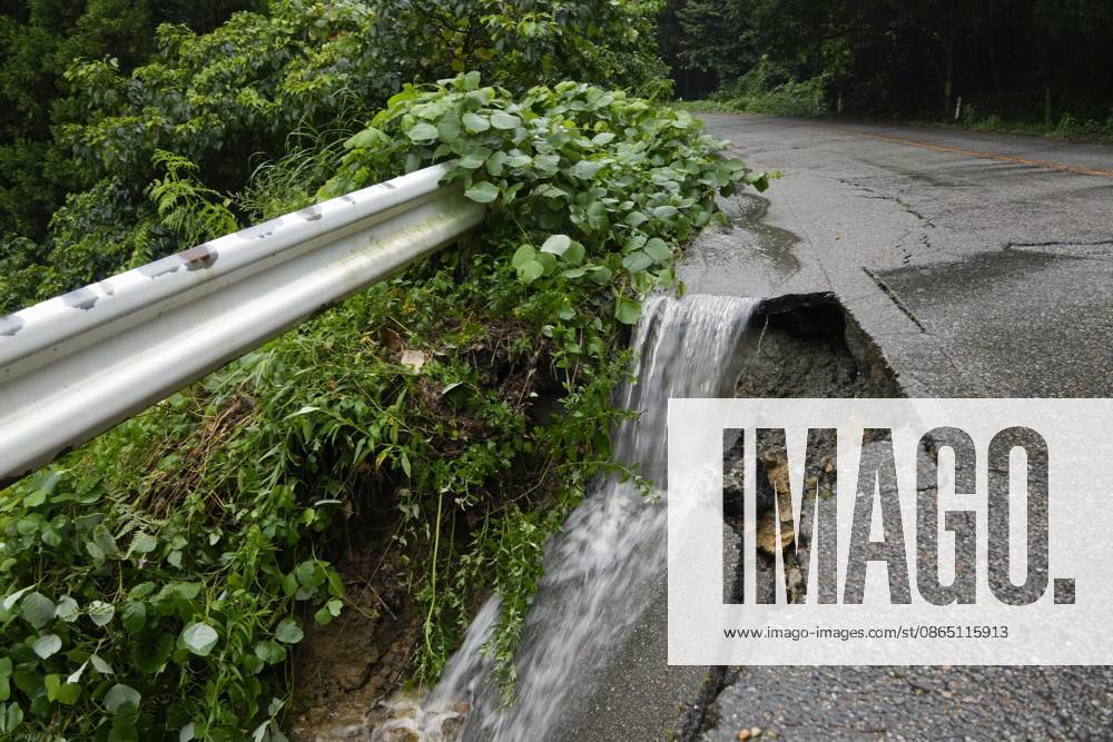 Torrential rain in central Japan Photo taken Aug. 27, 2026, shows a collapsed road in Himi in Toyama Prefecture, central Japan, following torrential rain. A14AA0005626705P