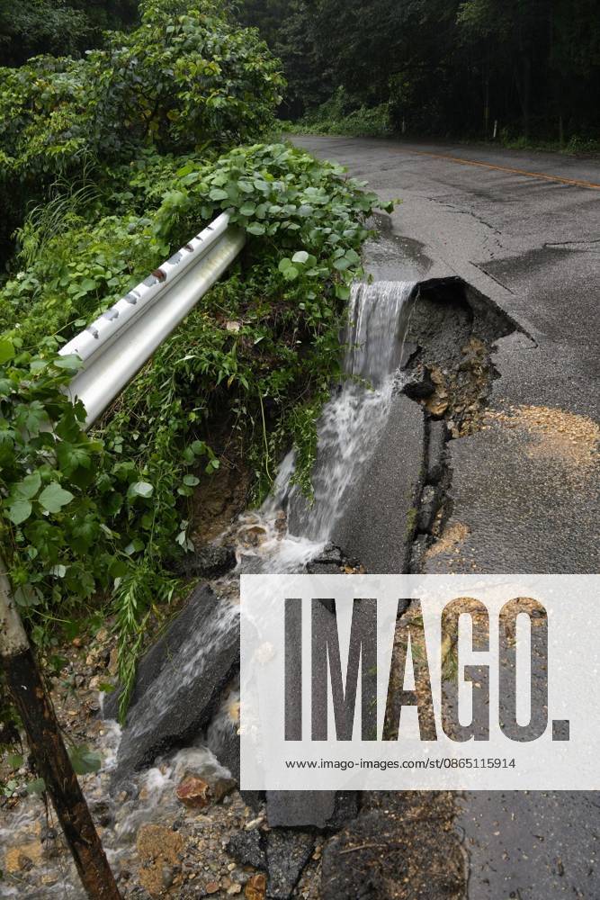 Torrential rain in central Japan Photo taken Aug. 27, 2026, shows a collapsed road in Himi in Toyama Prefecture, central Japan, following torrential rain. A14AA0005626706P