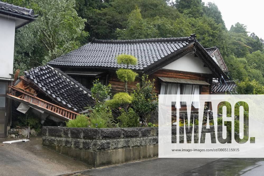 Torrential rain in central Japan Photo taken Aug. 27, 2026, shows a collapsed house in Himi in Toyama Prefecture, central Japan, following torrential rain. A14AA0005626707P