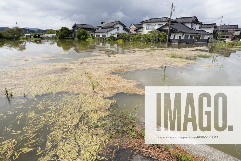 Torrential rain in central Japan Photo taken on Aug. 28, 2026, shows a submerged residential area in Himi in Toyama Prefecture, central Japan, following torrential rain. A14AA0005626745P