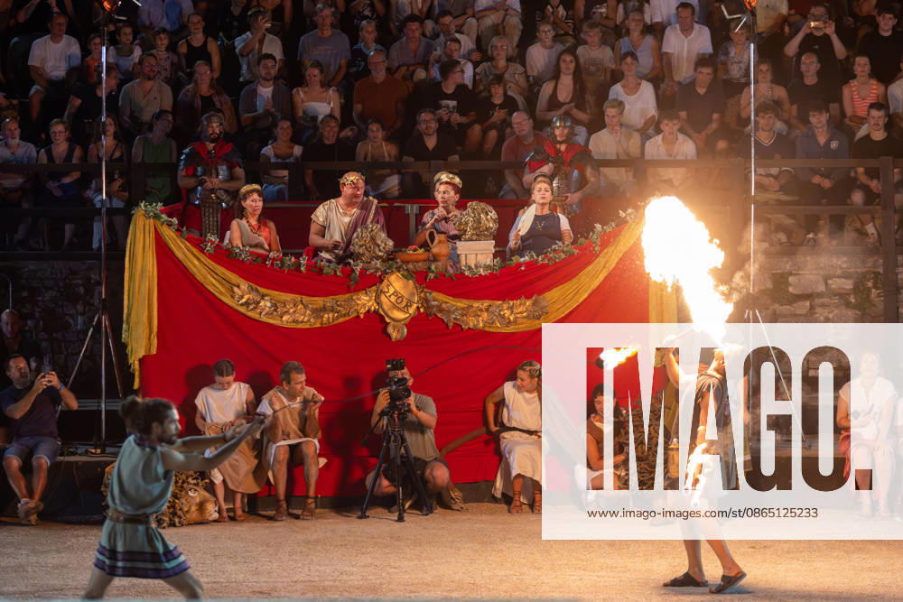 Gladiator fights in Pula, Croatia Members of gladiator school Spectacvla Gladiatoria dressed as Roman gladiators perform a staged combat demonstration during the event Spectacvla Antiqva at the Arena of Pula on August 27, 2026. in Pula, Croatia. SreckoxNiketic PIXSELL