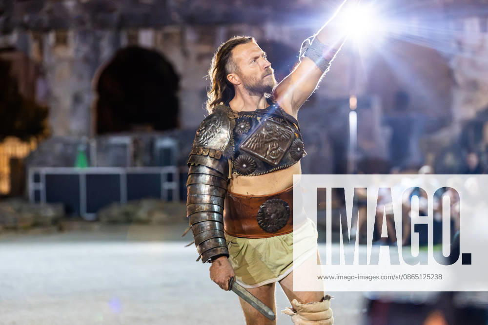 Gladiator fights in Pula, Croatia Members of gladiator school Spectacvla Gladiatoria dressed as Roman gladiators perform a staged combat demonstration during the event Spectacvla Antiqva at the Arena of Pula on August 27, 2026. in Pula, Croatia. SreckoxNiketic PIXSELL