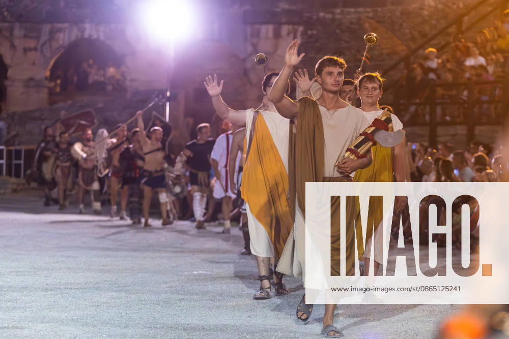 Gladiator fights in Pula, Croatia Members of gladiator school Spectacvla Gladiatoria dressed as Roman gladiators perform a staged combat demonstration during the event Spectacvla Antiqva at the Arena of Pula on August 27, 2026. in Pula, Croatia. SreckoxNiketic PIXSELL