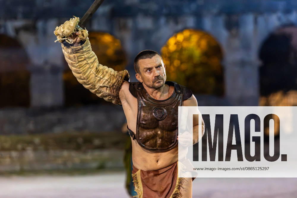 Gladiator fights in Pula, Croatia Members of gladiator school Spectacvla Gladiatoria dressed as Roman gladiators perform a staged combat demonstration during the event Spectacvla Antiqva at the Arena of Pula on August 27, 2026. in Pula, Croatia. SreckoxNiketic PIXSELL