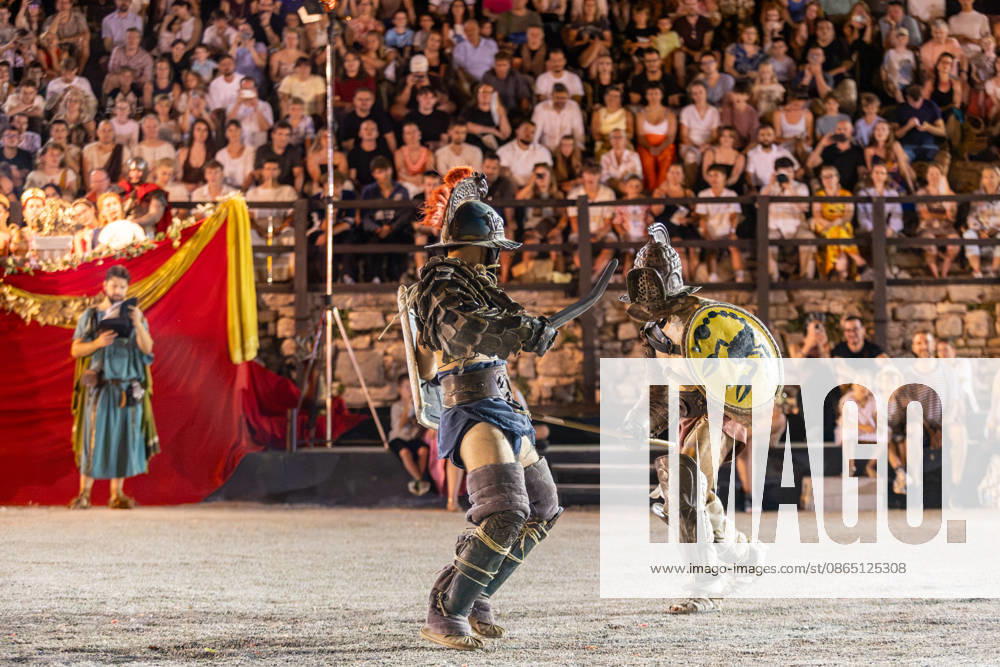 Gladiator fights in Pula, Croatia Members of gladiator school Spectacvla Gladiatoria dressed as Roman gladiators perform a staged combat demonstration during the event Spectacvla Antiqva at the Arena of Pula on August 27, 2026. in Pula, Croatia. SreckoxNiketic PIXSELL