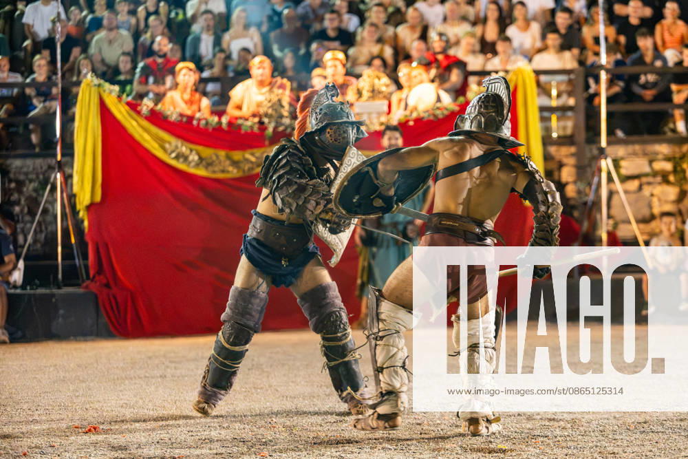 Gladiator fights in Pula, Croatia Members of gladiator school Spectacvla Gladiatoria dressed as Roman gladiators perform a staged combat demonstration during the event Spectacvla Antiqva at the Arena of Pula on August 27, 2026. in Pula, Croatia. SreckoxNiketic PIXSELL