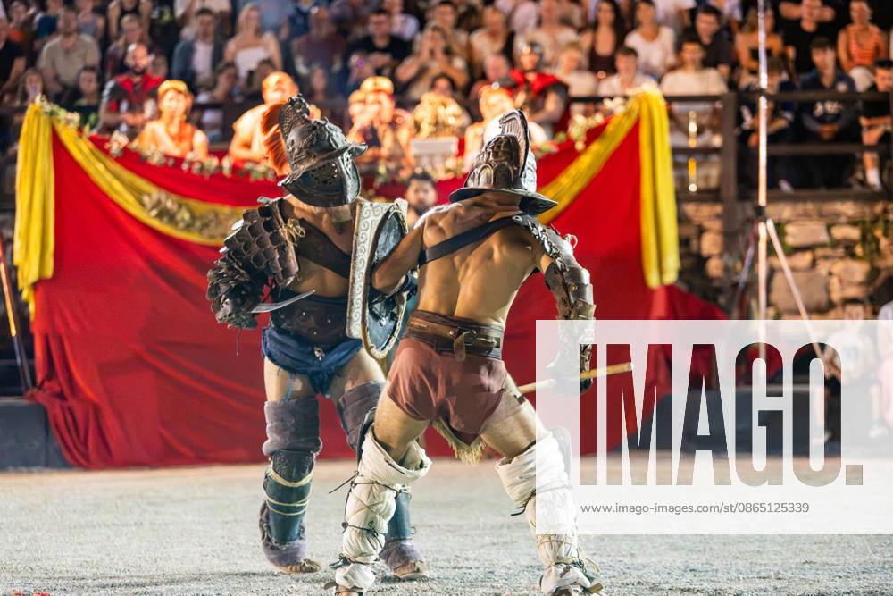 Gladiator fights in Pula, Croatia Members of gladiator school Spectacvla Gladiatoria dressed as Roman gladiators perform a staged combat demonstration during the event Spectacvla Antiqva at the Arena of Pula on August 27, 2026. in Pula, Croatia. SreckoxNiketic PIXSELL