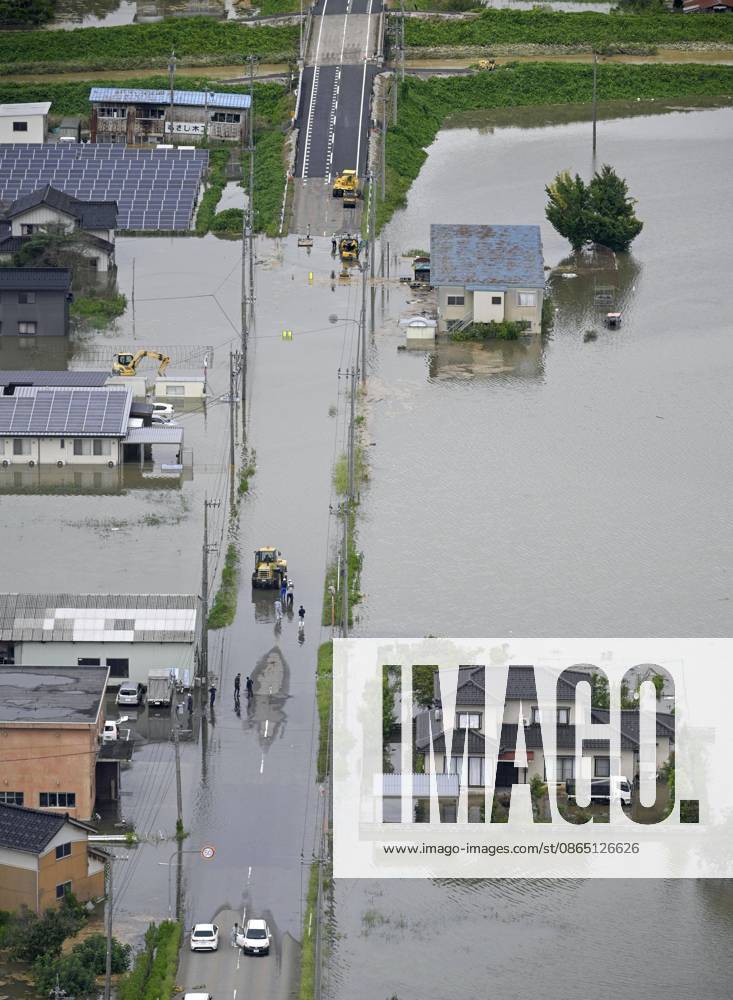 Torrential rain in central Japan Photo taken from a Kyodo News helicopter on Aug. 28, 2026, shows a submerged area in Himi in Toyama Prefecture, central Japan, following torrential rain. A14AA0005626752P