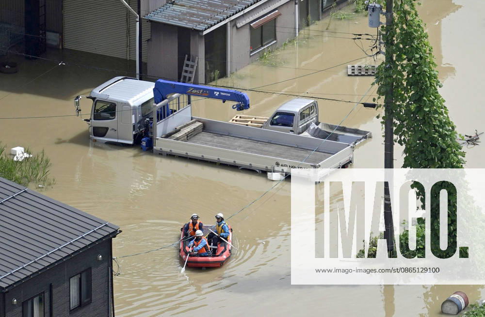 Torrential rain in central Japan Photo taken from a Kyodo News helicopter on Aug. 28, 2026, shows rescuers riding on a boat in a submerged area in Himi in Toyama Prefecture, central Japan, following torrential rain. A14AA0005626754P