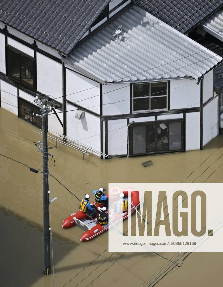 Torrential rain in central Japan Photo taken from a Kyodo News helicopter on Aug. 28, 2026, shows rescuers riding on a boat in a submerged area in Himi in Toyama Prefecture, central Japan, following torrential rain. A14AA0005626755P