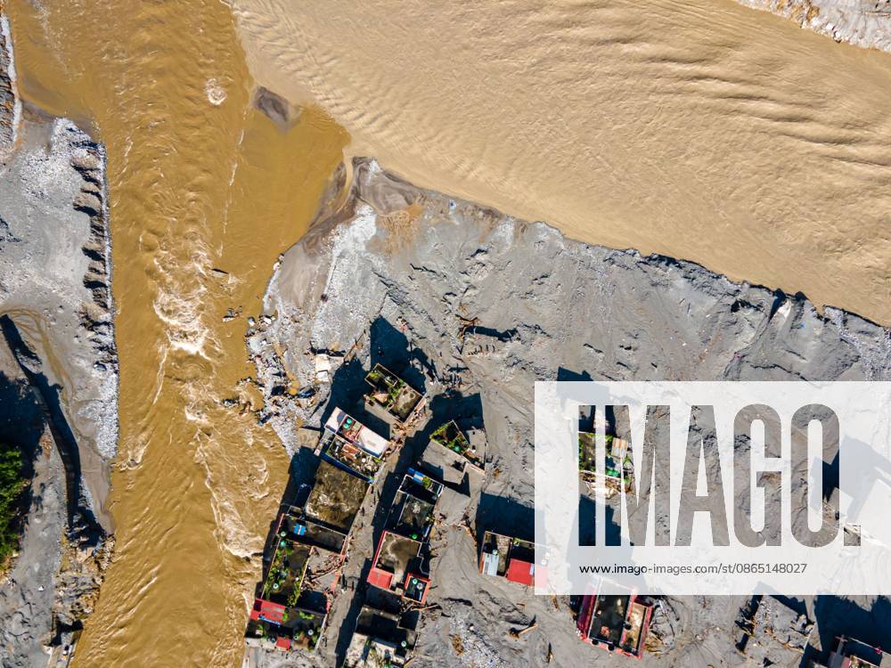 NUWAKOT, NEPAL †AUGUST 28, 2026: An aerial view shows the aftermath of severe flooding along the Bhotekoshi River in Nuwakot, Nepal. The flooding affected low-lying areas and settlements near the riverbanks, causing widespread damage to homes, roads, bridges, a hydropower station and other infrastructure. Several people remain missing as authorities continue to assess the extent of the disaster. Rescue teams and security personnel are conducting search and rescue operations in the affected areas. Nuwakot Nepal - ZUMAq101 20260828_zna_q101_124