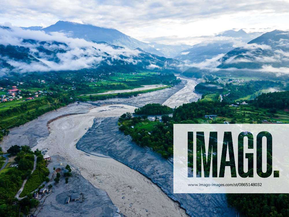 NUWAKOT, NEPAL †AUGUST 28, 2026: An aerial view shows the aftermath of severe flooding along the Bhotekoshi River in Nuwakot, Nepal. The flooding affected low-lying areas and settlements near the riverbanks, causing widespread damage to homes, roads, bridges, a hydropower station and other infrastructure. Several people remain missing as authorities continue to assess the extent of the disaster. Rescue teams and security personnel are conducting search and rescue operations in the affected areas. Nuwakot Nepal - ZUMAq101 20260828_zna_q101_129
