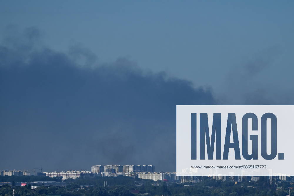 Smoke rises from fires in warehouses damaged by Russian drone strikes. Russian forces launched a massive attack on Kyiv region with drones, hitting warehouses. Vyshneve Ukraine - ZUMAs197 20260828_aaa_s197_029