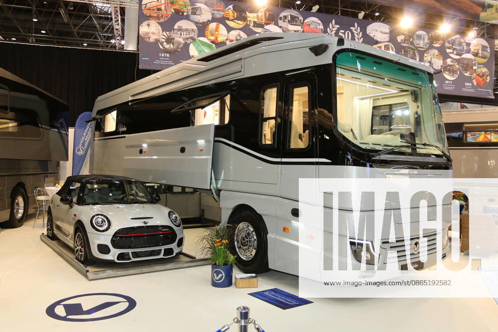 Volkner Mobil Perfection Luxury Motorhome with Center Garage and Mini John Cooper Works Convertible, Caravan Salon Düsseldorf August 28, 2006–September 9, 2026, Messe Düsseldorf, the world’s leading trade fair for mobile travel, the world’s largest trade fair for motorhomes and travel trailers, camping and caravanning, mobile vacations, Düsseldorf D
