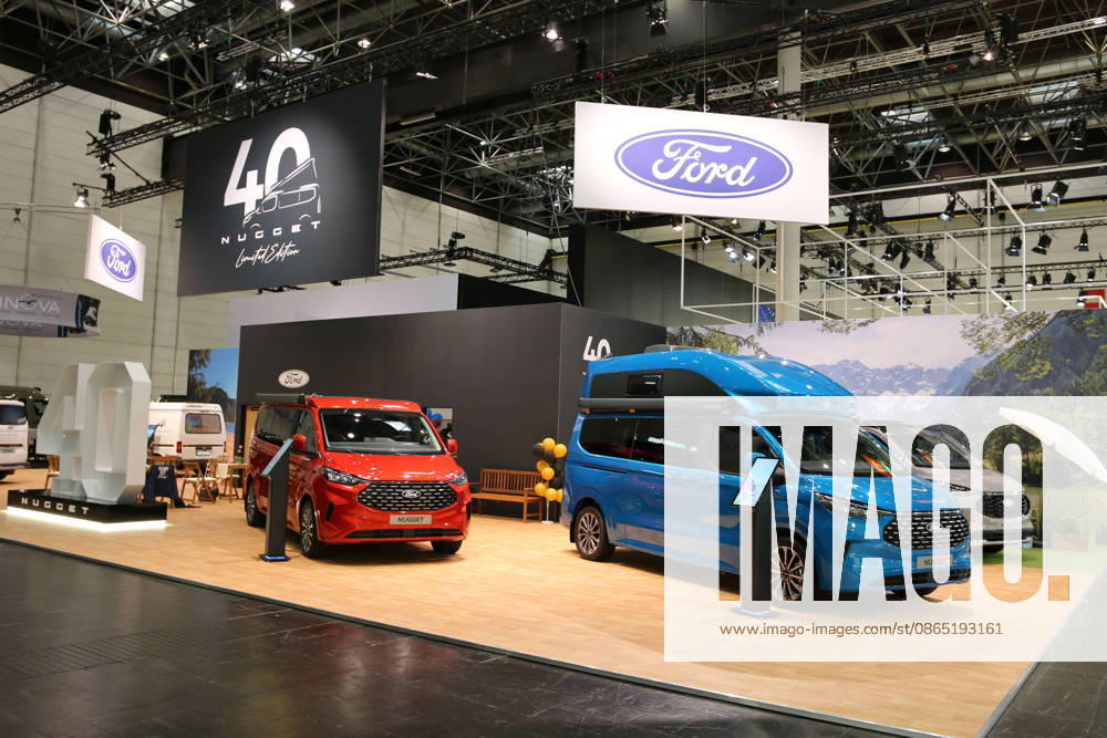 Ford booth featuring several vehicles celebrating 40 years of the Ford Nugget, Caravan Salon Düsseldorf, August 28, 2026, Messe Düsseldorf, the world s leading trade fair for mobile travel, the world s largest trade fair for motorhomes and travel trailers, camping and caravanning, mobile vacations, Düsseldorf, Germany