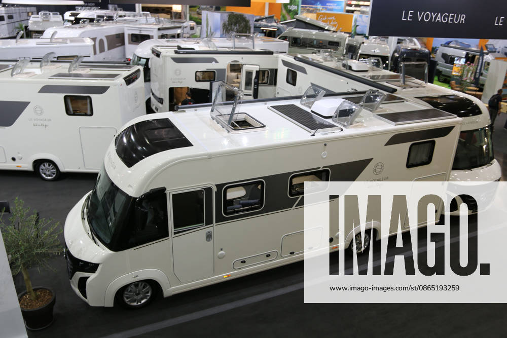 Le Voyageur LVXH 7 9 GJF Heritage with a solar panel on the roof, Caravan Salon Düsseldorf August 28, 2026, Messe Düsseldorf, the world’s leading trade fair for mobile travel, the world’s largest trade fair for motorhomes and caravans, camping and caravanning, mobile vacations, Düsseldorf D
