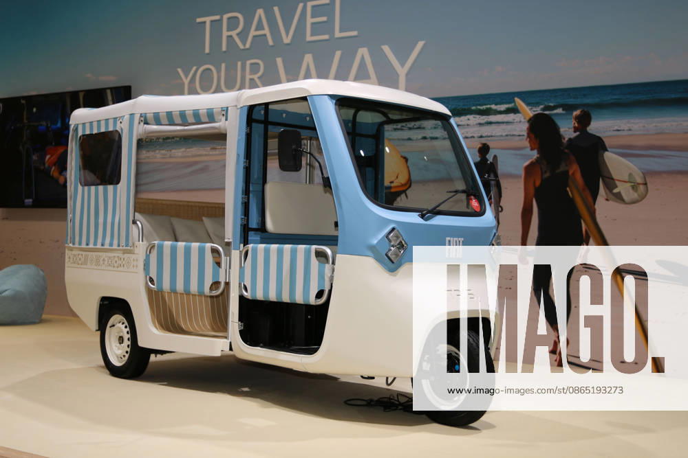 Fiat TRIS Dolcevita Concept Car—a tribute to the open-air shuttle vehicles of the 1960s found near luxury hotels on the Italian Riviera—a three-wheeled, Class E light electric vehicle, moped car with an electric motor, drivable with an AM driver’s license start