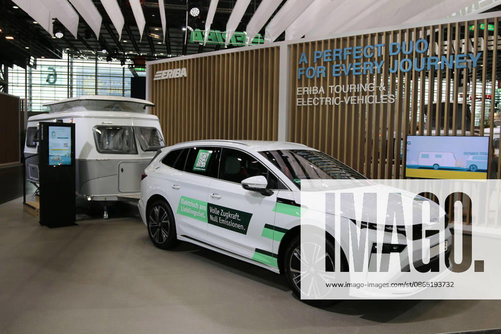 Skoda Enyaq 85x electric car with Eriba Touring 530 trailer, Caravan Salon Düsseldorf, August 28–September 6, 2026, Messe Düsseldorf, the world’s leading trade fair for mobile travel, the world’s largest trade fair for motorhomes and caravans, camping and caravaning, mobile vacations, Düsseldorf D