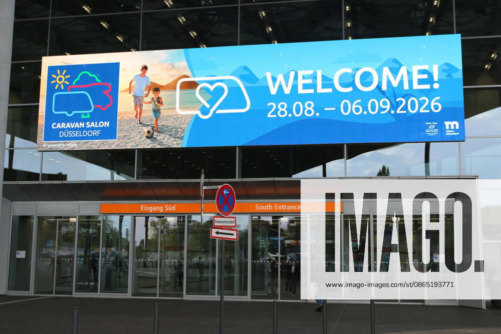 South Entrance with promotional poster on Preview Day at the Caravan Salon Düsseldorf, August 28, 2026, Messe Düsseldorf, the world s leading trade fair for mobile travel, the world s largest trade fair for motorhomes and caravans, camping and caravanning, mobile vacations, Düsseldorf D