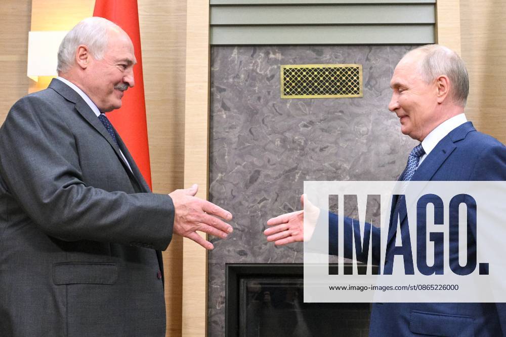 Russia Belarus 9230938 29.08.2026 Russian President Vladimir Putin and Belarusian President Alexander Lukashenko, left, shake hands during a meeting at the Novo-Ogaryovo state residence, outside Moscow, Russia. Kirill Zykov Sputnik Novo-Ogaryovo Moscow region Russia