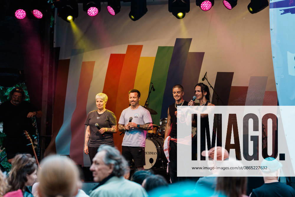 Germany, Aachen CSD, Aachen Pride 2026, Christopher Street Day, Parade, Equality, Anti-queer sentiment, Trans rights, Equal rights, Katschhof, Stage, Rainbow, Program, Host, Fiene, Max, Gilau, Gazelle (from left to right)