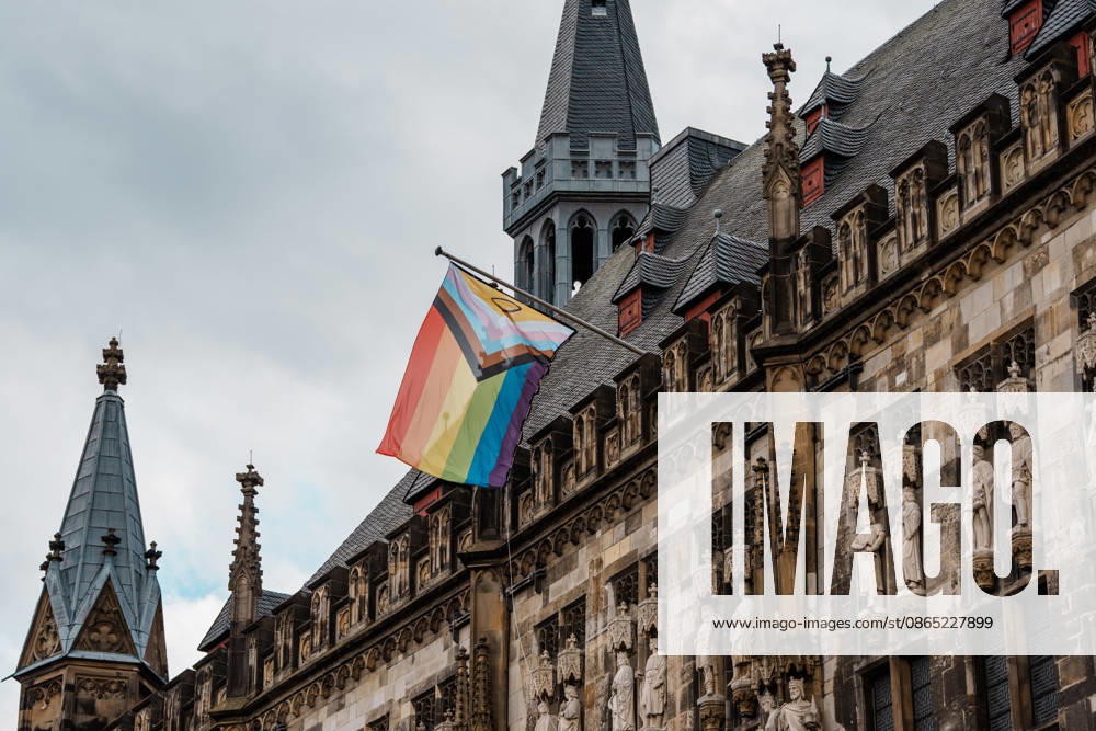 Germany, Aachen CSD, Aachen Pride 2026, Christopher Street Day, Parade, Equality, Anti-queer sentiment, Trans rights, Equal rights, Pride flag flying at Aachen City Hall on the Markt
