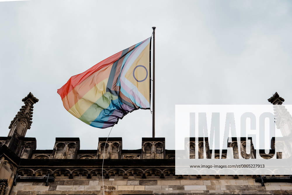 Germany, Aachen CSD, Aachen Pride 2026, Christopher Street Day, Parade, Equality, Anti-queer sentiment, Trans rights, Equal rights, Pride flag flying at Aachen City Hall on the Markt