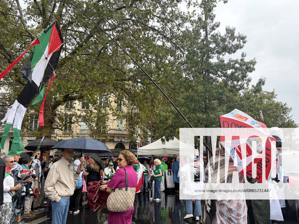 Pro-Palestinian demonstrators march through rain in Paris holding olive branches and kites PARIS, FRANCE - AUGUST 29: Demonstrators hold olive branches and kites while marching through heavy rain near Place de la Bastille in central Paris, France, on August 29, 2026. Gathering despite inclement weather, pro-Palestinian activists paraded toward the historic Fontaine des Innocents, displaying olive branches as symbols of peace and flying kites to draw international attention to the humanitarian crisis in Gaza while demanding an immediate ceasefire and the lifting of blockades. Esra Taskin Anadolu Paris France. Editorial use only. Please get in touch for any other usage.