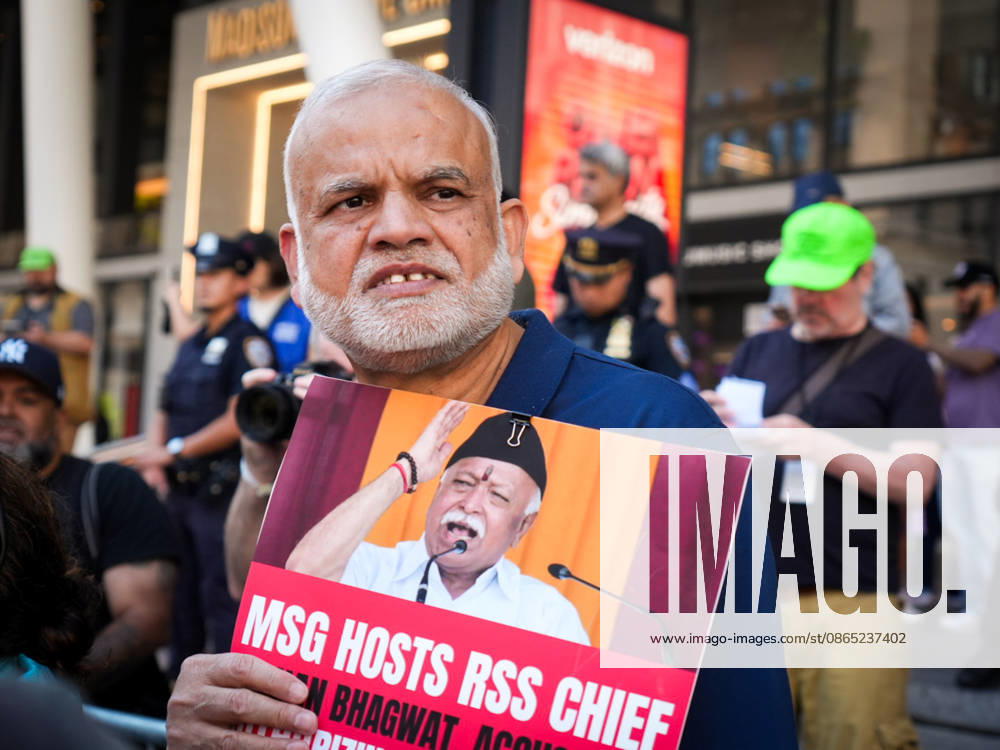 Protest Against the RSS Chief Mohan Bhagwat New York, NY August 29: Demonstrators gather outside Madison Square Garden for the Hindus Say No to the RSS rally, protesting the appearance of RSS chief Mohan Bhagwat and calling for a secular, interfaith India on August 29, 2026. Credit: Xavier Diaz AdMedia