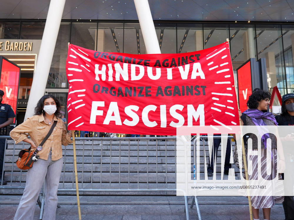 New York, NY August 29: Demonstrators gather outside Madison Square Garden for the Ã¢â‚¬oeHindus Say No to the RSSÃ¢â‚¬Â rally, protesting the appearance of RSS chief Mohan Bhagwat and calling for a secular, interfaith India on August 29, 2026. Credit: AdMedia USA - ZUMAa123 20050930_zaa_a123_020