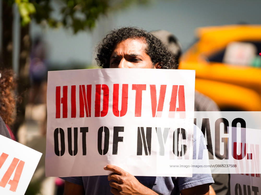 New York, NY August 29: Demonstrators gather outside Madison Square Garden for the Ã¢â‚¬oeHindus Say No to the RSSÃ¢â‚¬Â rally, protesting the appearance of RSS chief Mohan Bhagwat and calling for a secular, interfaith India on August 29, 2026. Credit: AdMedia USA - ZUMAa123 20050930_zaa_a123_033