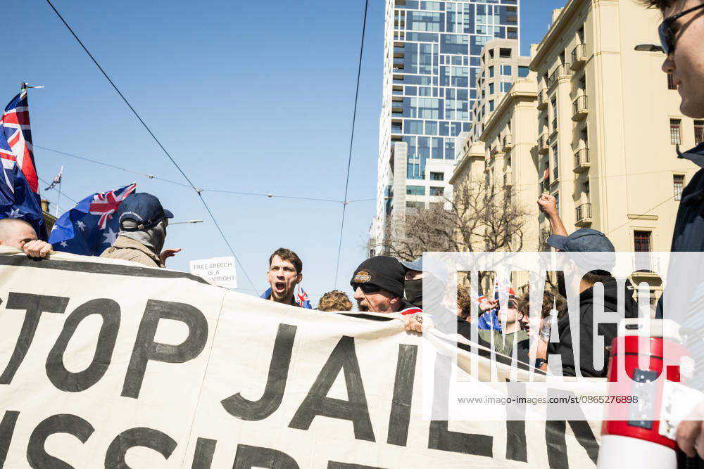 ANTI IMMIGRATION RALLY, Protestors marched through the streets of Melbourne shouting anti immigration slogans during a far right March for Australia anti-immigration rally in Melbourne, Sunday, August 30, 2026. ( NO ARCHIVING MELBOURNE VICTORIA AUSTRALIA