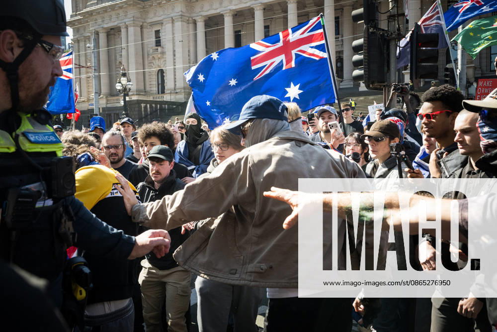 ANTI IMMIGRATION RALLY, Far right protestors clash with one another during a far right March for Australia anti-immigration rally in Melbourne, Sunday, August 30, 2026. ( NO ARCHIVING MELBOURNE VICTORIA AUSTRALIA