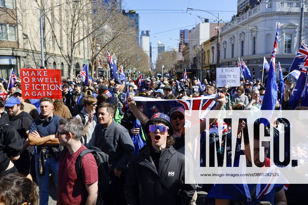 A far-right activist shouts slogans during a far right March for Australia anti-immigration rally..Hundreds of supporters of the far-right group March for Australia marched through Melbourneâ€⠢s CBD as part of a demonstration focused on freedom of speech and political expression, while counter-protesters gathered separately to oppose the march and its political messages. March for Australia organisers called for the repeal of laws they say restrict political communication, an end to government censorship and constitutional protection for freedom of speech. Melbourne Australia - ZUMAs197 20260830_aaa_s197_014