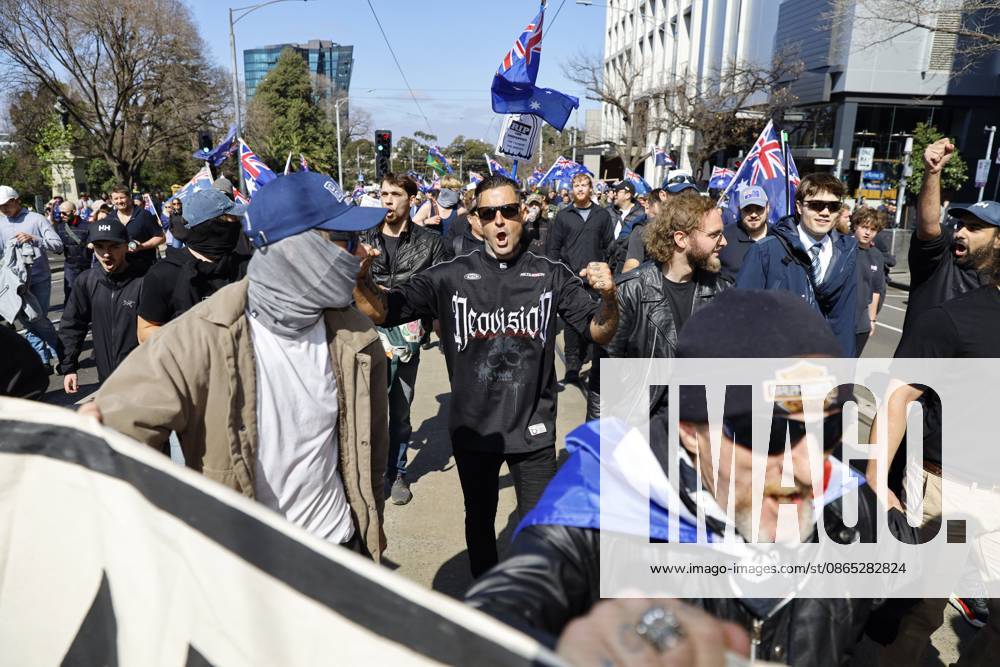 Far-right activists chant slogans during a far right March for Australia anti-immigration rally..Hundreds of supporters of the far-right group March for Australia marched through MelbourneÃ¢â‚¬â ¢s CBD as part of a demonstration focused on freedom of speech and political expression, while counter-protesters gathered separately to oppose the march and its political messages. March for Australia organisers called for the repeal of laws they say restrict political communication, an end to government censorship and constitutional protection for freedom of speech. Melbourne Australia - ZUMAs197 20260830_aaa_s197_024