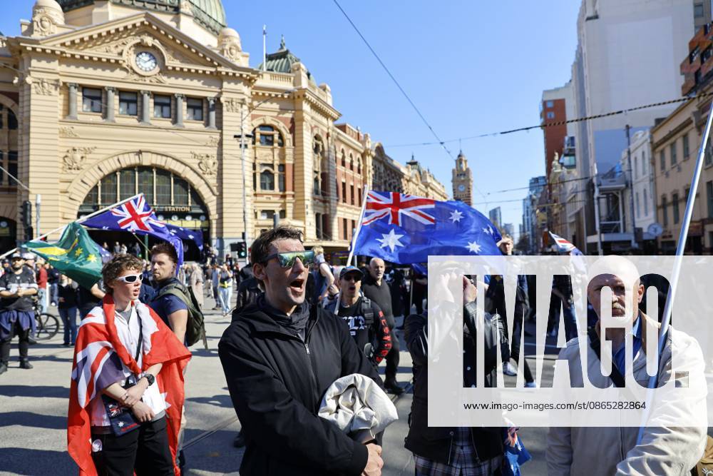 Far-right activists chant slogans during a far right March for Australia anti-immigration rally..Hundreds of supporters of the far-right group March for Australia marched through Melbourneâ€⠢s CBD as part of a demonstration focused on freedom of speech and political expression, while counter-protesters gathered separately to oppose the march and its political messages. March for Australia organisers called for the repeal of laws they say restrict political communication, an end to government censorship and constitutional protection for freedom of speech. Melbourne Australia - ZUMAs197 20260830_aaa_s197_031