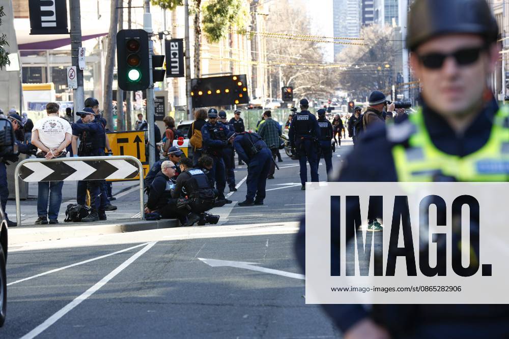 Victoria Police officers arrest a counter-protester during a demonstration in Melbourne..Hundreds of supporters of the far-right group March for Australia marched through Melbourneâ€⠢s CBD as part of a demonstration focused on freedom of speech and political expression, while counter-protesters gathered separately to oppose the march and its political messages. March for Australia organisers called for the repeal of laws they say restrict political communication, an end to government censorship and constitutional protection for freedom of speech. Melbourne Australia - ZUMAs197 20260830_aaa_s197_040