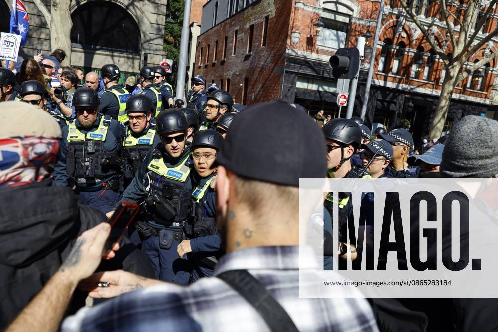 Victoria Police officers push a far-right activist during the rally..Hundreds of supporters of the far-right group March for Australia marched through MelbourneÃ¢â‚¬â ¢s CBD as part of a demonstration focused on freedom of speech and political expression, while counter-protesters gathered separately to oppose the march and its political messages. March for Australia organisers called for the repeal of laws they say restrict political communication, an end to government censorship and constitutional protection for freedom of speech. Melbourne Australia - ZUMAs197 20260830_aaa_s197_044
