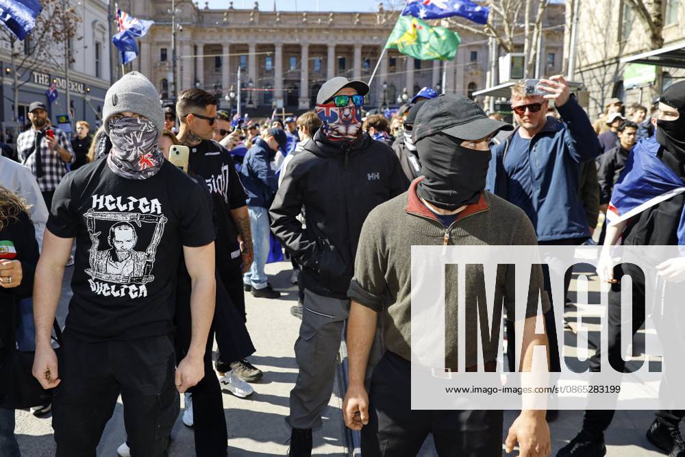 Far-right activists chant slogans during a far right March for Australia anti-immigration rally..Hundreds of supporters of the far-right group March for Australia marched through MelbourneÃ¢â‚¬â ¢s CBD as part of a demonstration focused on freedom of speech and political expression, while counter-protesters gathered separately to oppose the march and its political messages. March for Australia organisers called for the repeal of laws they say restrict political communication, an end to government censorship and constitutional protection for freedom of speech. Melbourne Australia - ZUMAs197 20260830_aaa_s197_047
